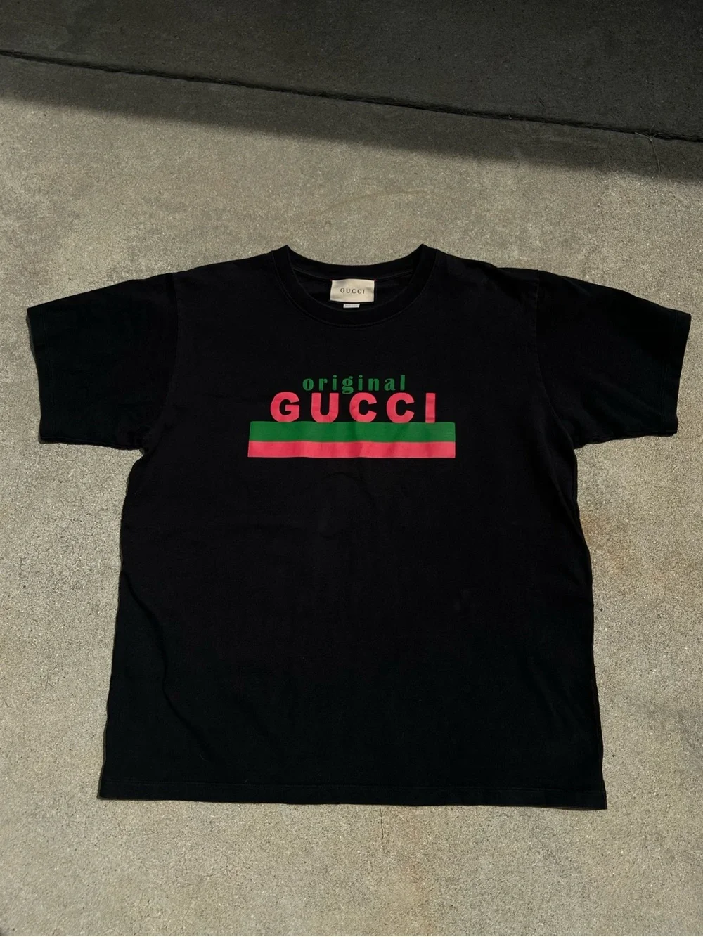 Gucci Black Short Sleeve Tee with Red and Green Stripe Logo
